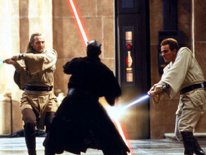 Qui-Gon Jinn and Obi-Wan Kenobi battle Darth Maul